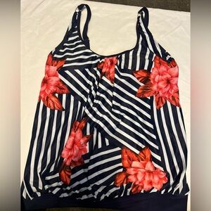 Yonique Womens blue white pink floral Tankini Swim Top Adjustable Strap Size M